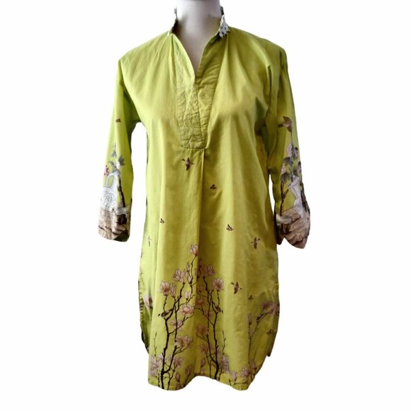 Sana Safinaz Womens XS Chartreuse Green Yellow Floral Birds Cotton Tunic Top - Picture 1 of 11